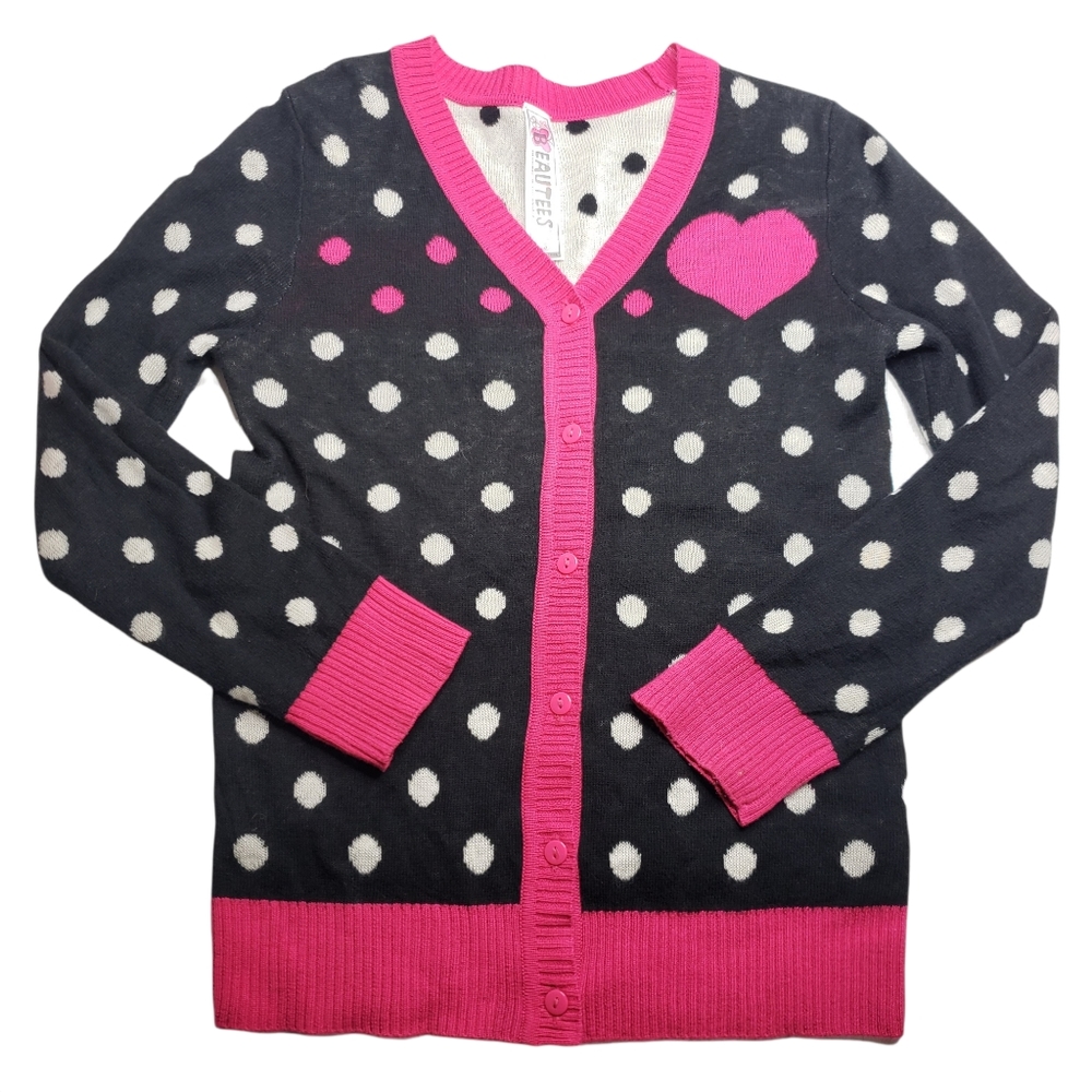 Beautees Girls Black White Pink Polka Dot Cardigan Kids Size Small